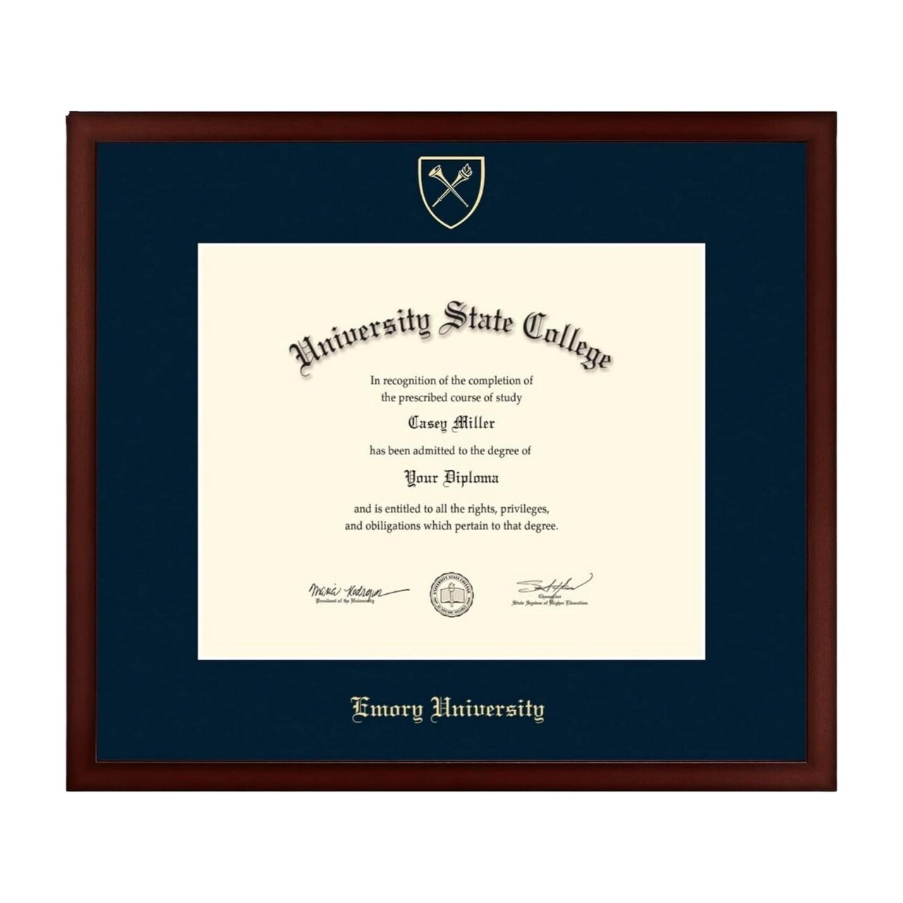 Framerly - Emory University 17"w x 14"h Diploma Frame - Fits a bachelor's, master's and phd - Gold Embossed Diploma Frame - Cherry Moulding with Navy Matting